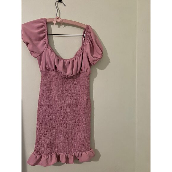 Love Tree Smocked Mini Dress Pink Puff Sleeve Ruffle Hem Square Neck Size M Cott - Picture 11 of 14